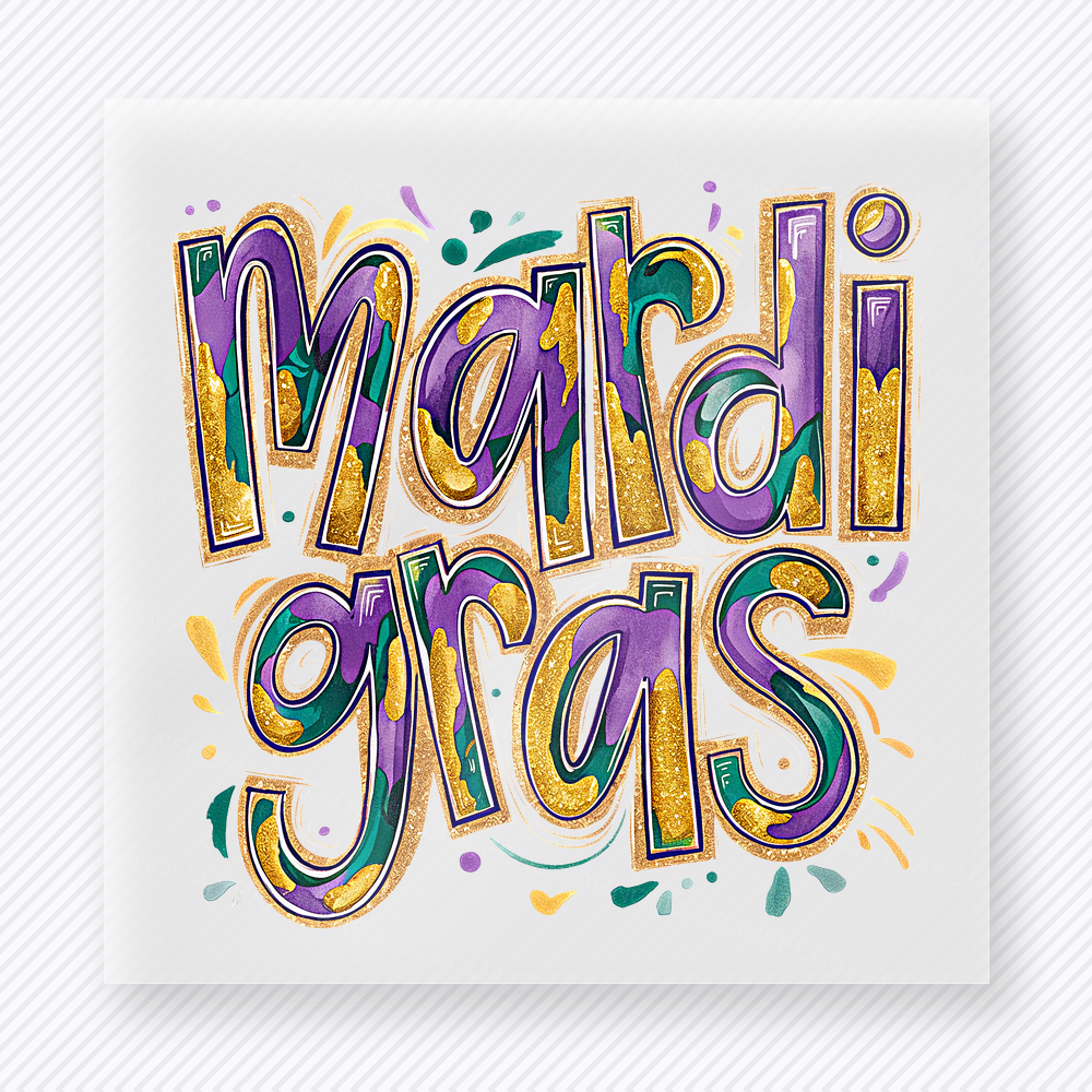 Mardi Gras Rainbow Letters DTF transfer mockup with rounded Mardi Gras lettering uses rainbow-style purple, green, gold, and orange colors for a playful carnival look.