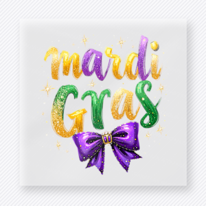Mardi Gras Gold Bow DTF transfer mockup with soft gold Mardi Gras lettering pairs with a purple bow for a feminine carnival style.