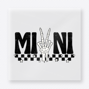 Peace Mini mom mini Mothers Day DTF transfer featuring black Mini text with peace hand and checker stripe