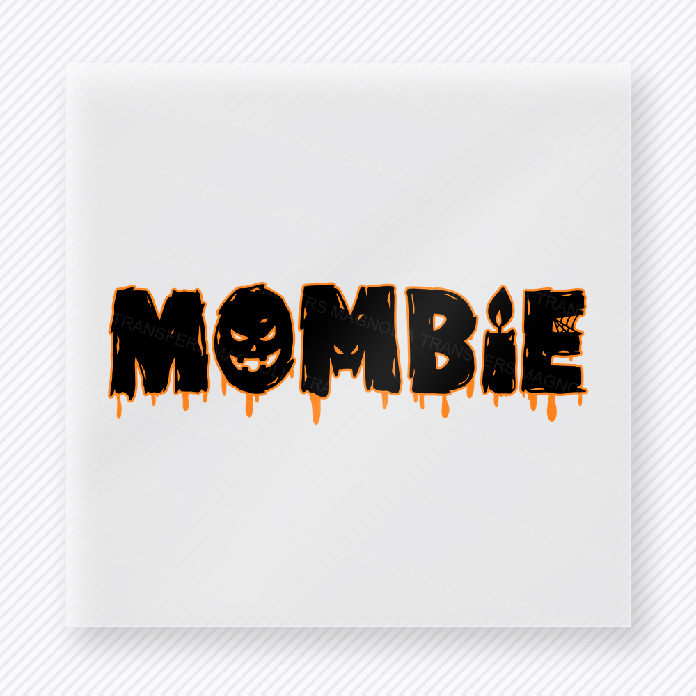 Mombie mom mini Mothers Day DTF transfer featuring black and orange dripping Mombie text with jack-o-lantern O