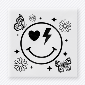 Smiley Heart Bolt Black mom mini Mothers Day DTF transfer featuring black smiley face with heart eye, lightning bolt, daisies, butterflies, and stars