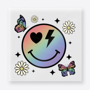 Smiley Heart Bolt Rainbow mom mini Mothers Day DTF transfer featuring rainbow smiley face with heart eye, lightning bolt, daisies, butterflies, and stars