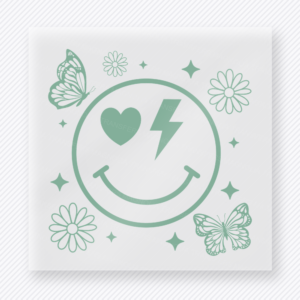 Smiley Heart Bolt Mint mom mini Mothers Day DTF transfer featuring mint smiley face with heart eye, lightning bolt, daisies, butterflies, and stars