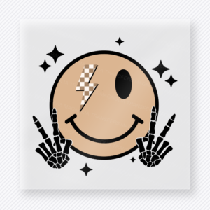 Tan Lightning Smiley mom mini Mothers Day DTF transfer featuring tan smiley face with checkered lightning eye, stars, and skeleton peace hands