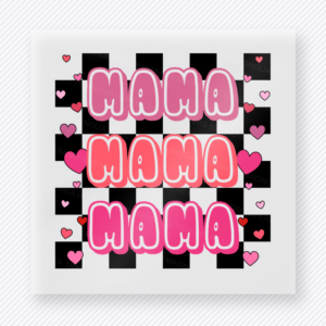 Mama Checkered Hearts mom mini Mothers Day DTF transfer featuring pink bubble text repeating Mama on a black and white checkerboard background with small pink hearts