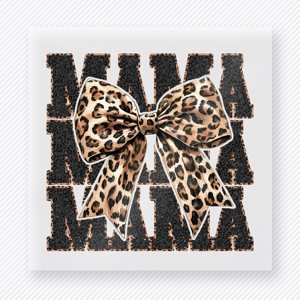 Mama Leopard Bow Grunge mom mini Mothers Day DTF transfer featuring black grunge Mama text with large leopard print bow