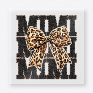Mini Leopard Bow Grunge mom mini Mothers Day DTF transfer featuring black grunge Mini text with large leopard print bow