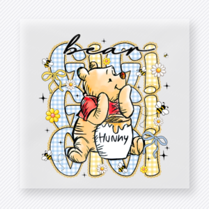 Bear Grandma Pooh Inspired Floral mom mini Mothers Day DTF transfer featuring Bear Grandma text with honey bear and yellow flowers