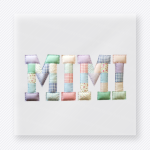 Pastel Patchwork Mimi mom mini Mothers Day DTF transfer featuring Mimi text in soft pastel quilt-style patchwork prints