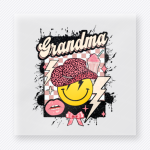Grandma Smiley Lightning Bolt Leopard mom mini Mothers Day DTF transfer featuring Grandma text with smiley face, leopard lips, bow, and lightning bolt