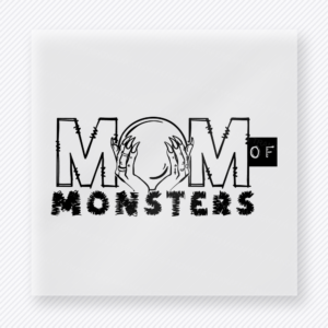 Black Mom Of Monsters mom mini Mothers Day DTF transfer featuring black distressed Mom Of Monsters typography with monster face detail inside the O