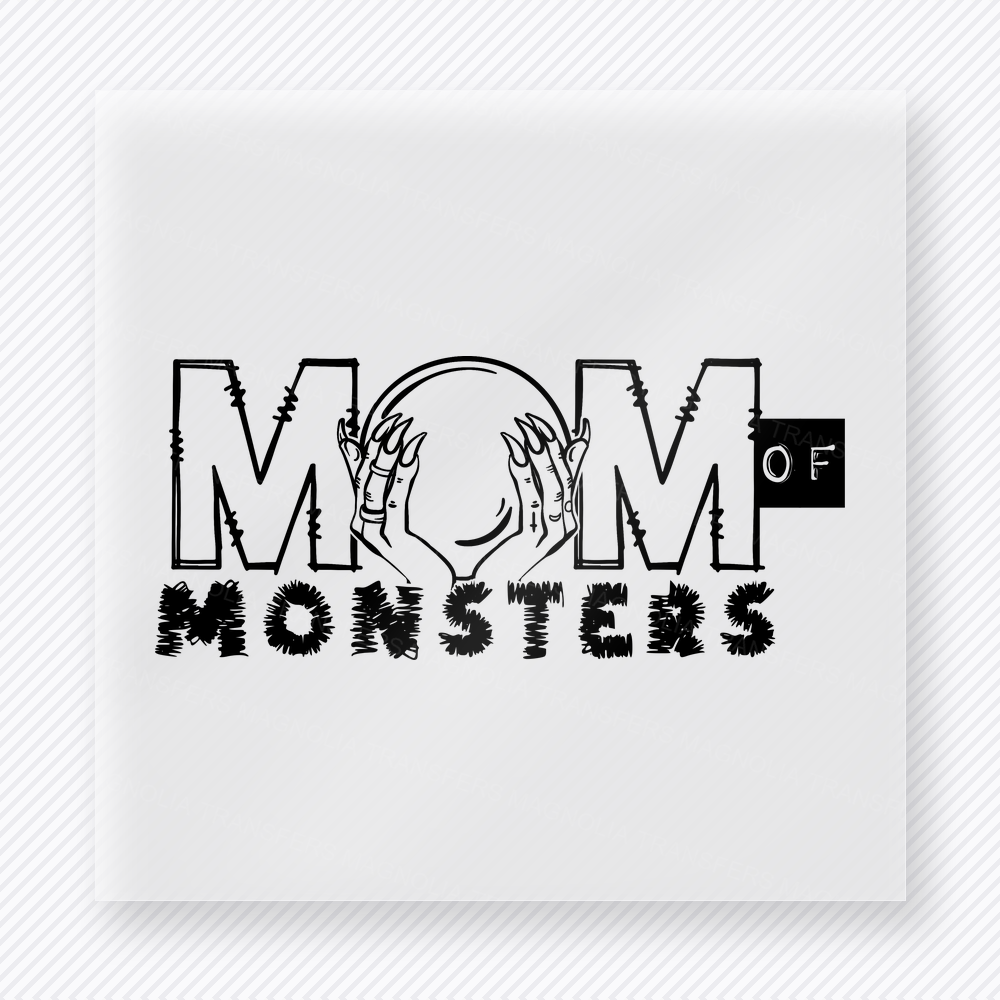 Black Mom Of Monsters mom mini Mothers Day DTF transfer featuring black distressed Mom Of Monsters typography with monster face detail inside the O