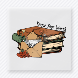 Know Your Worth Books motivational DTF transfer mockup with stacked books and envelope with warm fall accents