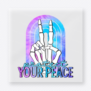 Protect Your Peace motivational DTF transfer mockup with skeleton hand peace sign with rainbow background