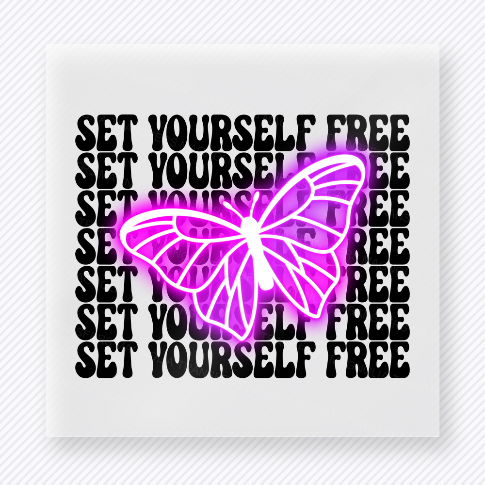 Set Yourself Free Butterfly motivational DTF transfer mockup with repeated black lettering with a glowing purple butterfly