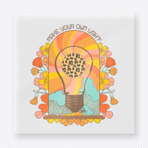 Make Your Own Light motivational DTF transfer mockup with light bulb, headphones, flowers, and warm sunset arch