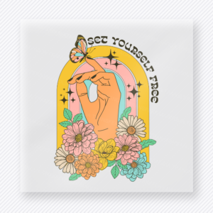 Set Yourself Free Peach motivational DTF transfer mockup with peach hand, butterfly, flowers, and arch artwork