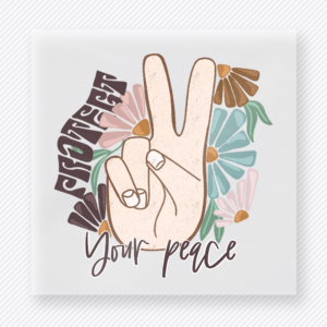 Protect Your Peace Medium motivational DTF transfer mockup with medium skin tone peace hand with florals and flag detail