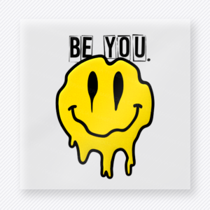 Be You Yellow Black Drip Smiley motivational DTF transfer mockup with yellow and black dripping smiley face