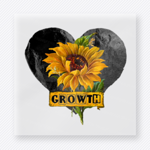 Growth Sunflower Heart motivational DTF transfer mockup with sunflower over dark heart with growth label