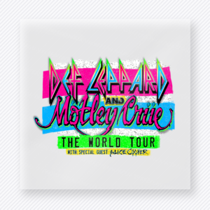 Def Leppard and Motley Crue World Tour Bright movies music celebs DTF transfer mockup with Def Leppard and Motley Crue inspired world tour artwork with bright neon colors