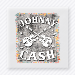 Johnny Cash Guitar Badge Light movies music celebs DTF transfer mockup with Johnny Cash inspired guitar badge artwork with light gray texture