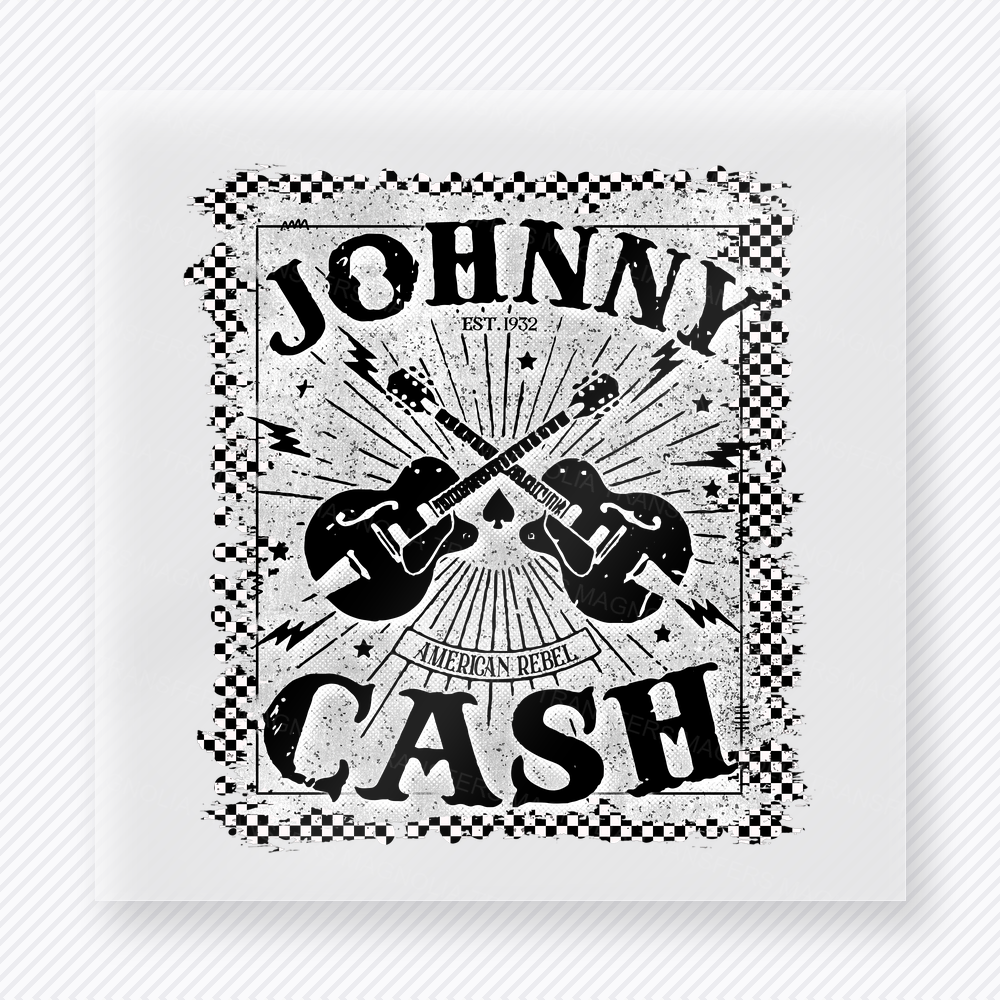 Johnny Cash Guitar Badge White movies music celebs DTF transfer mockup with white Johnny Cash inspired guitar badge artwork with black guitars