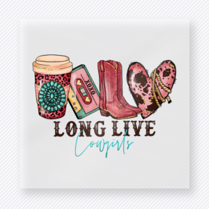 Long Live Cowgirls Tumbler Boots movies music celebs DTF transfer mockup with Long Live Cowgirls artwork with tumbler, boots, hat, and leopard accents