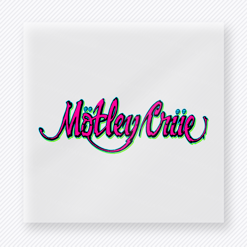 Motley Crue Script Logo movies music celebs DTF transfer mockup with Motley Crue inspired script logo in pink and teal