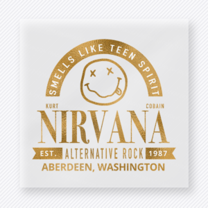 Nirvana Smells Like Teen Spirit Gold movies music celebs DTF transfer mockup with Nirvana inspired Smells Like Teen Spirit smiley badge in gold