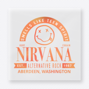 Nirvana Smells Like Teen Spirit Orange movies music celebs DTF transfer mockup with Nirvana inspired Smells Like Teen Spirit smiley badge in orange