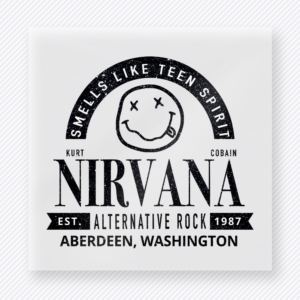 Nirvana Smells Like Teen Spirit Black movies music celebs DTF transfer mockup with Nirvana inspired Smells Like Teen Spirit smiley badge in black