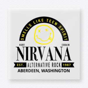 Nirvana Smells Like Teen Spirit Yellow movies music celebs DTF transfer mockup with Nirvana inspired Smells Like Teen Spirit smiley badge in yellow