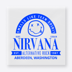 Nirvana Smells Like Teen Spirit Blue movies music celebs DTF transfer mockup with Nirvana inspired Smells Like Teen Spirit smiley badge in blue