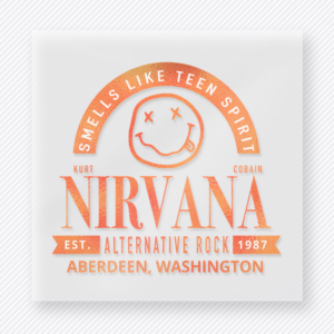 Nirvana Smells Like Teen Spirit Peach movies music celebs DTF transfer mockup with Nirvana inspired Smells Like Teen Spirit smiley badge in peach
