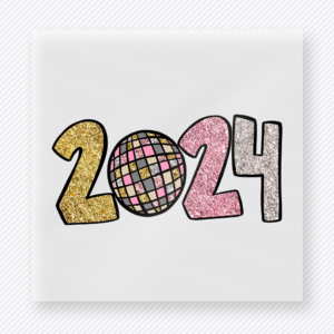 2024 Glitter Disco Ball DTF transfer mockup with glittery 2024 numbers feature a colorful disco ball in the center for a bright New Year celebration look.