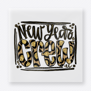 New Years Crew Leopard DTF transfer mockup with new Years Crew lettering uses leopard fill and black brush accents for a bold party group design.
