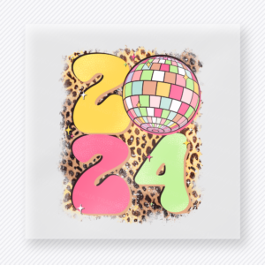 2024 Leopard Disco Ball DTF transfer mockup with pink and gold 2024 numbers pair with a colorful disco ball and leopard background for a fun New Year party look.