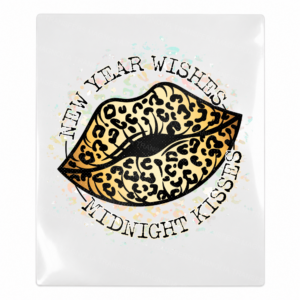New Year Wishes Leopard Kiss UV transfer with leopard-print lips and circular text