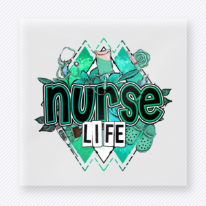 Nurse Life Teal Pattern DTF transfer mockup with teal Nurse Life lettering sits over a patterned diamond background with stethoscope, bandage, and medical icons for a clean healthcare style.