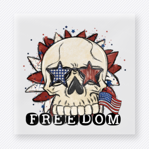 Freedom Skull Sunglasses Patriotic DTF transfer mockup with skull wearing American flag sunglasses with Freedom wording