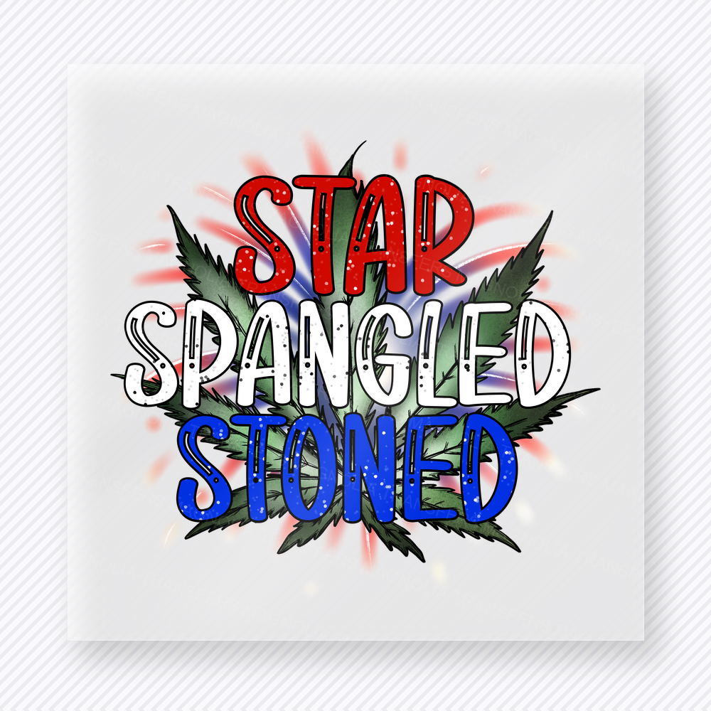Star Spangled Stoned Patriotic DTF transfer mockup with Star Spangled Stoned lettering in patriotic colors