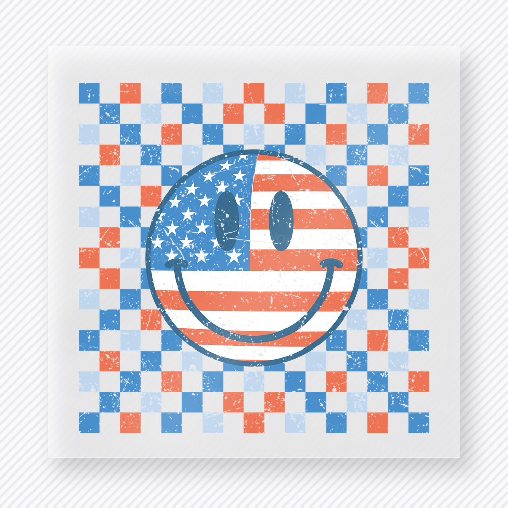 Patriotic Smiley Checkered Patriotic DTF transfer mockup with smiley face with American flag details on a red blue checkered background