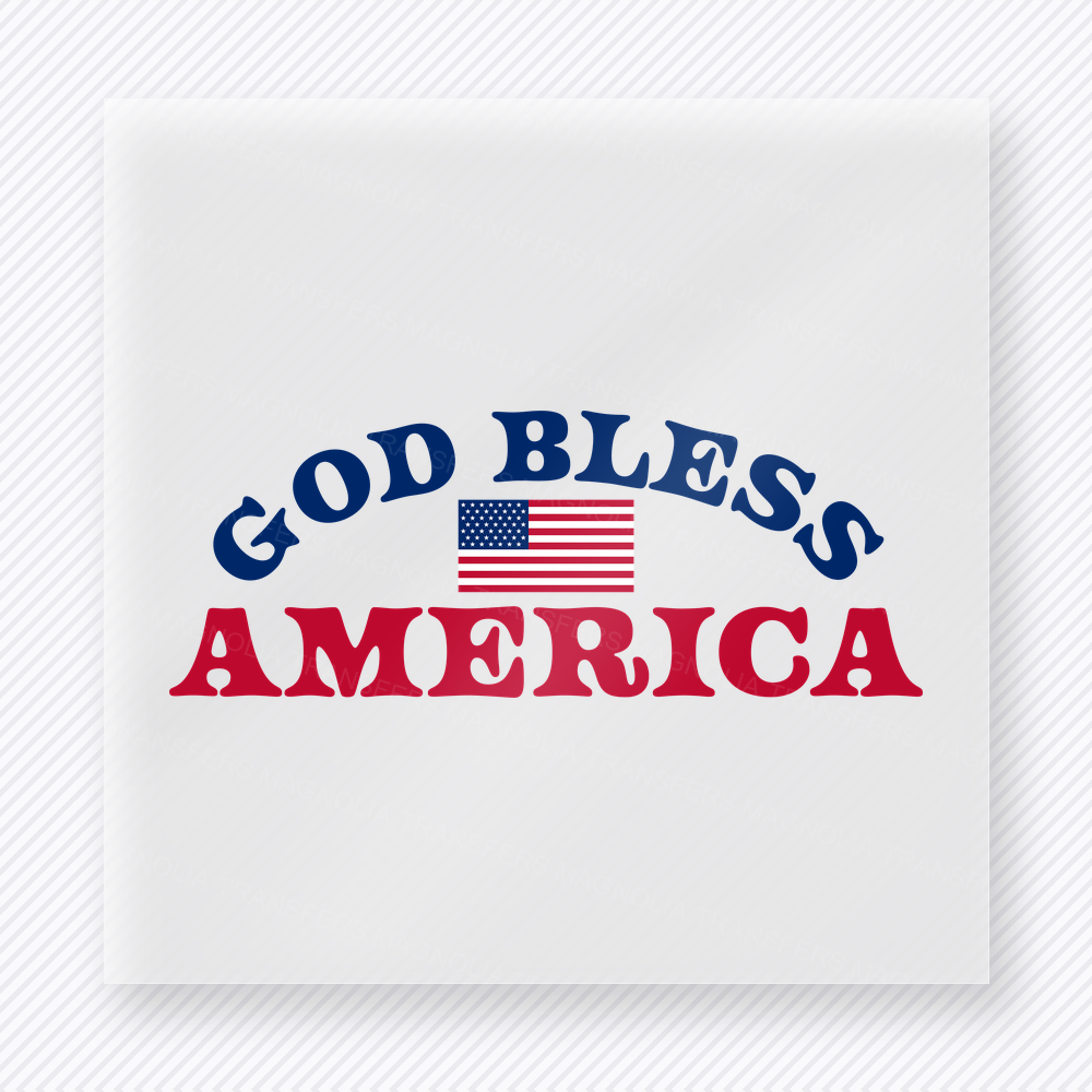 God Bless America Simple Patriotic DTF transfer mockup with God Bless America lettering with flag icon