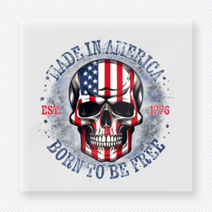 Made in America Born to Be Free Skull Patriotic DTF transfer mockup with skull with American flag helmet and Made in America Born to Be Free wording