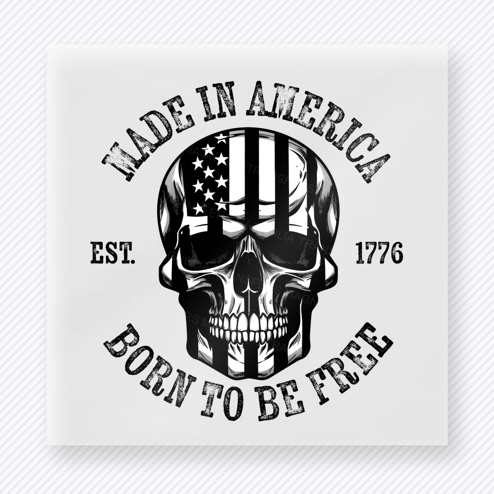 Made in America Born to Be Free Skull Black Patriotic DTF transfer mockup with black skull with Made in America Born to Be Free wording