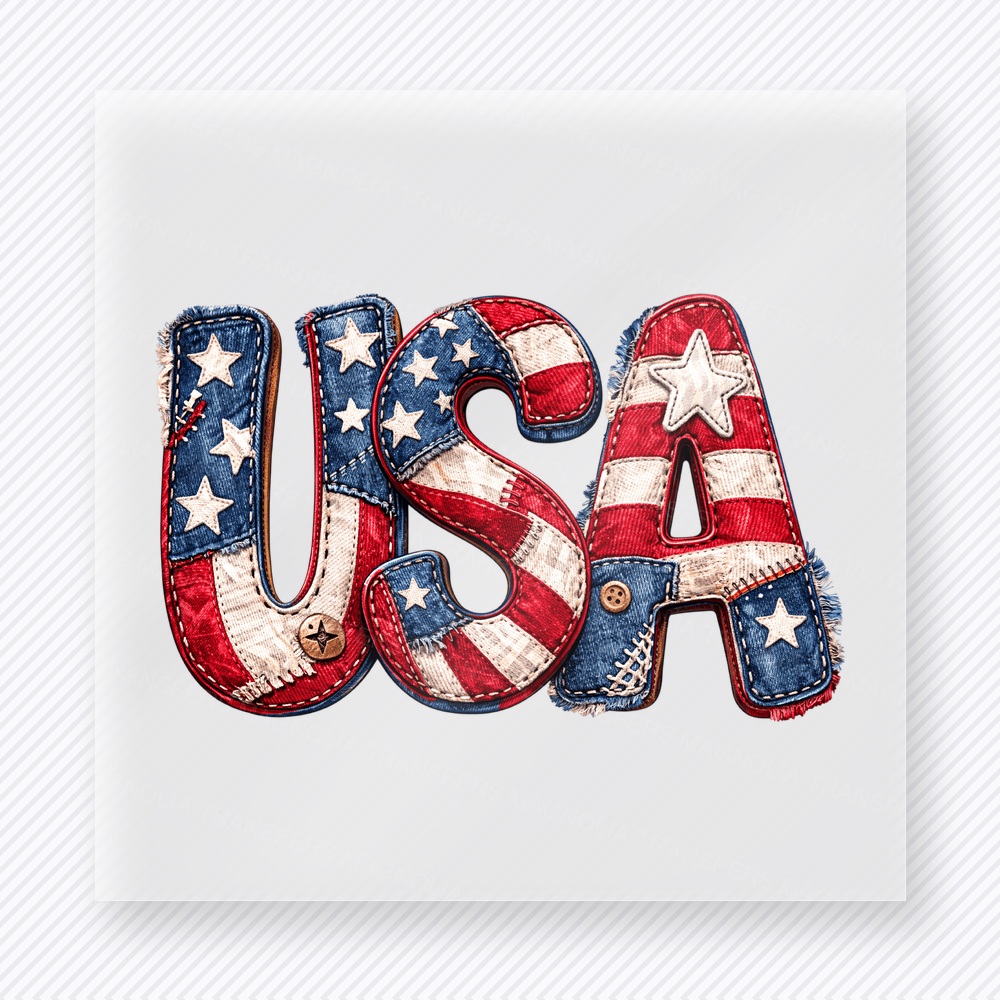 USA Glitter Patriotic DTF transfer mockup with USA lettering with patriotic glitter styling