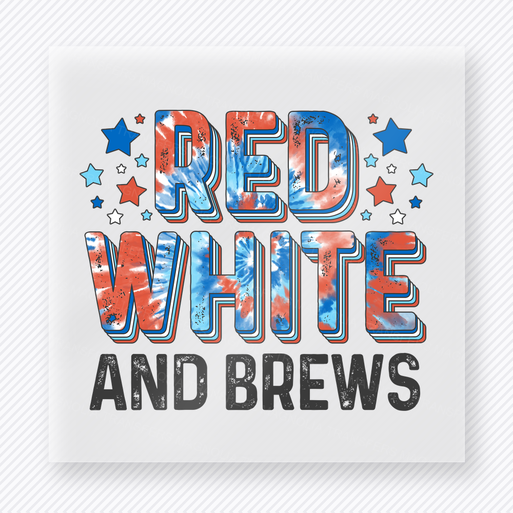 Red White and Brews Patriotic DTF transfer mockup with Red White and Brews wording in patriotic colors