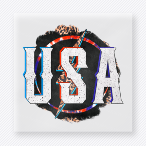 USA Leopard Circle Patriotic DTF transfer mockup with USA lettering with leopard circle and patriotic details
