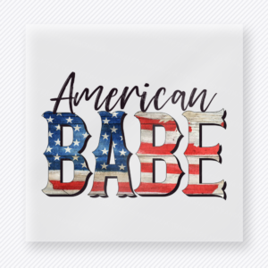 American Babe Script Patriotic DTF transfer mockup with American Babe script in patriotic flag fill